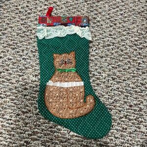 Vintage Green Polka Dot Cat Christmas Stocking
